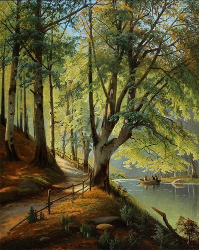 Forest Scene with Newly Sprouted Beech Leaves and People in a Rowboat by Siegfried Hass